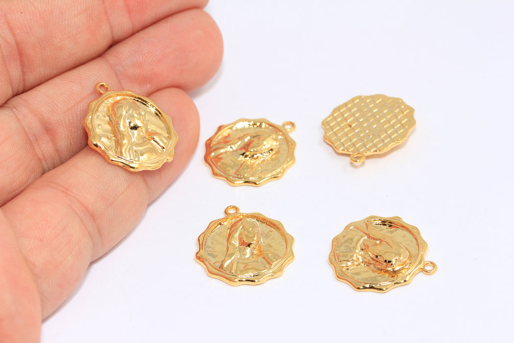19mm 24k Shiny Gold Mother Mary Pendant, Mother Mary Charm, Virgin Mary Necklace, BRT473