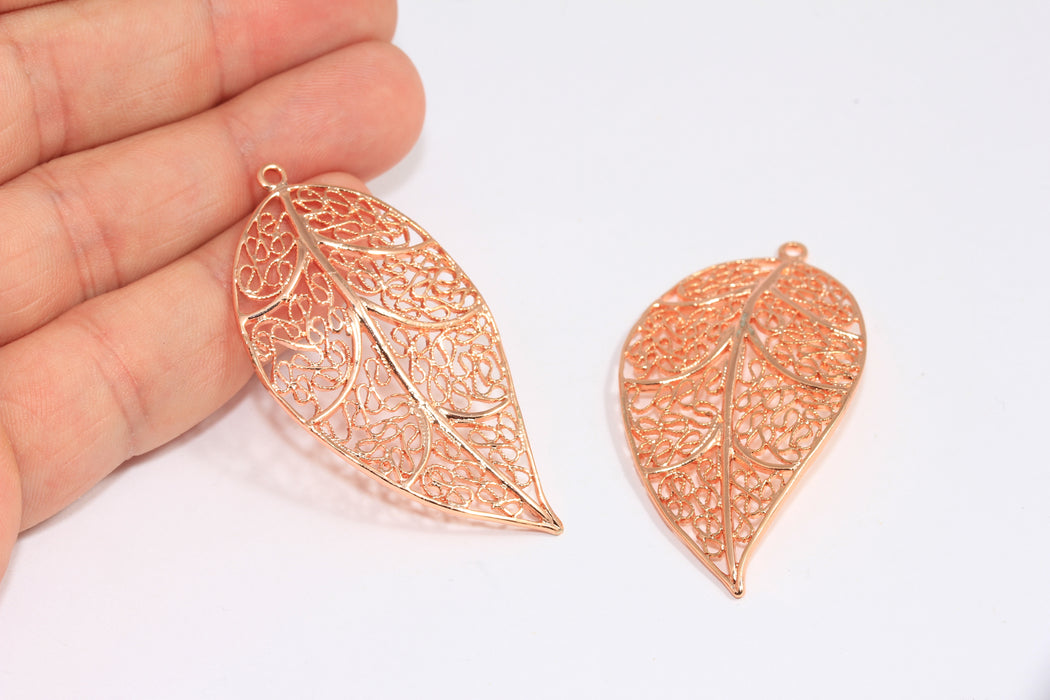 29x57mm Rose Gold Leaf Pendant, Filigree Leaf Charms, ROSE235