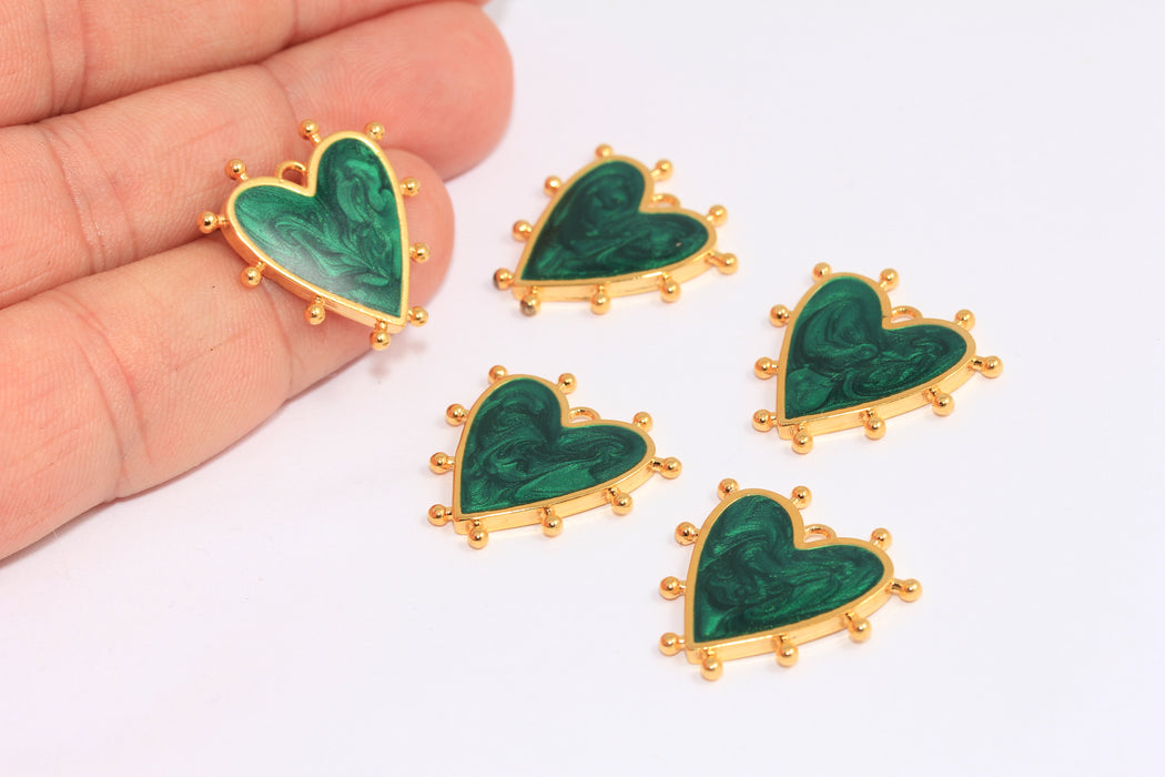 21mm 24k Shiny Gold Heart Charms, Love Necklace, Pearl Green Enamel Heart Medallion,XP445