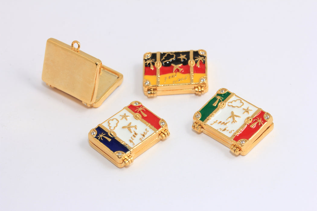 24k Shiny Gold CZ Travel Bag Charms, Enamel Travel Bag Beads, CZ Suitcase Charms, German, Italy, France Flag Necklace Pendant, MBGXP497