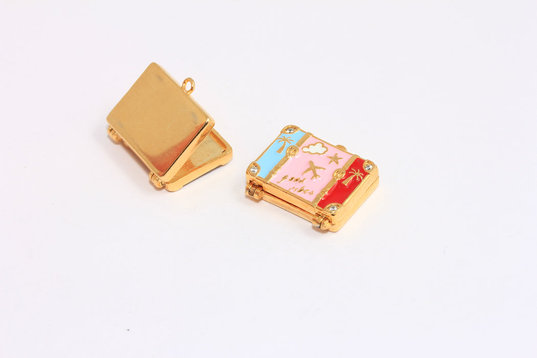 23mm 24k Shiny Gold Travel Bag Charms, Colorful Enamel Travel Bag, CZ Suitcase Charms, BRT134-1