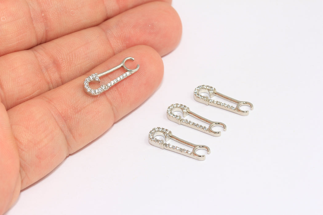 Rhodium Plated Cz Safety Pin Charm