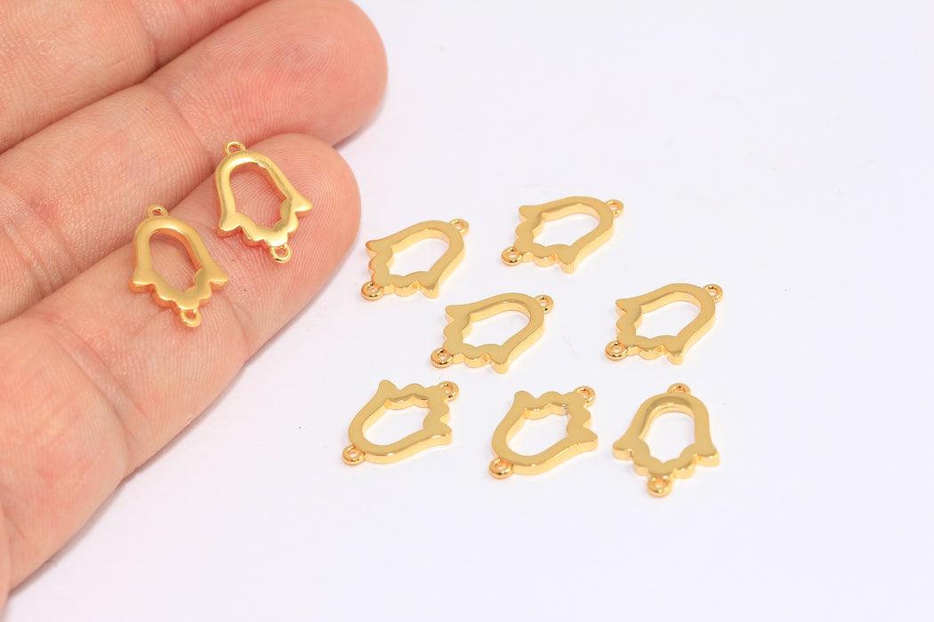 10x14mm 24k Shiny Gold Hamsa Charms, Two Hole Fatima Hand Beads, BRT767