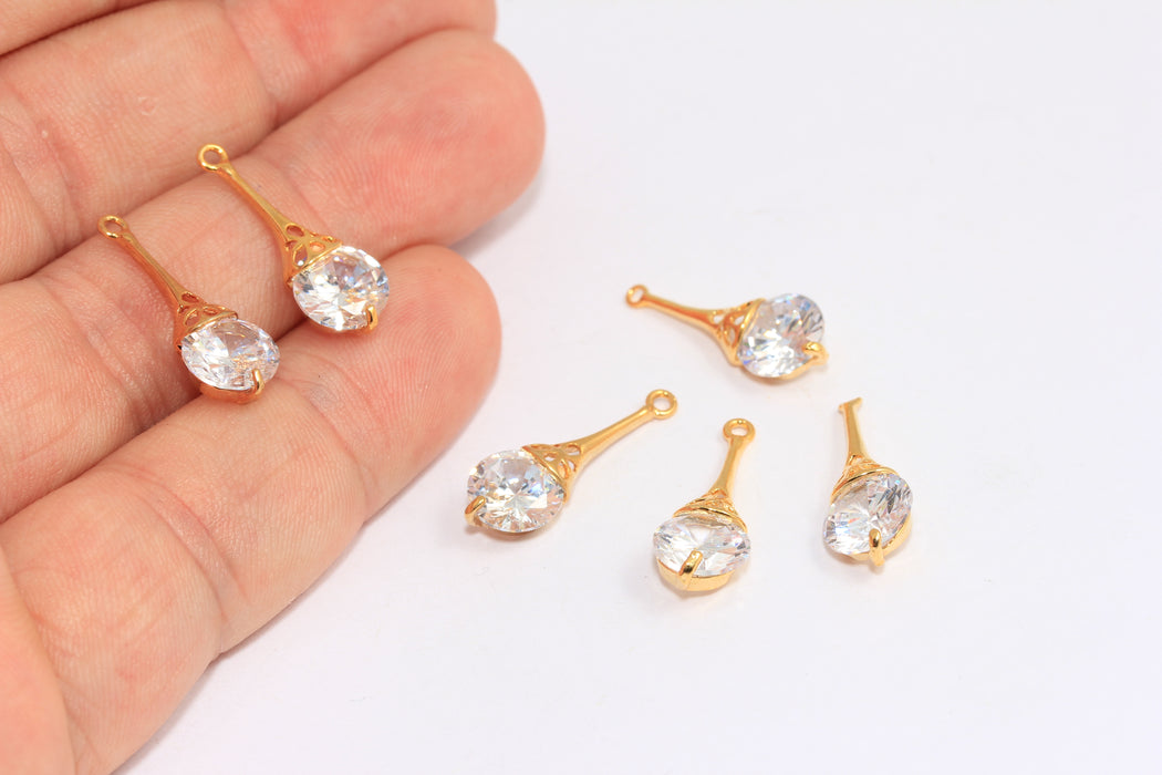 7x21 mm 24 Ayar Parlak Altın CZ Takılar, Kristal Damla Takılar, Kristal Küpe Takıları, Beyaz Taş Boncuklar, BRT835