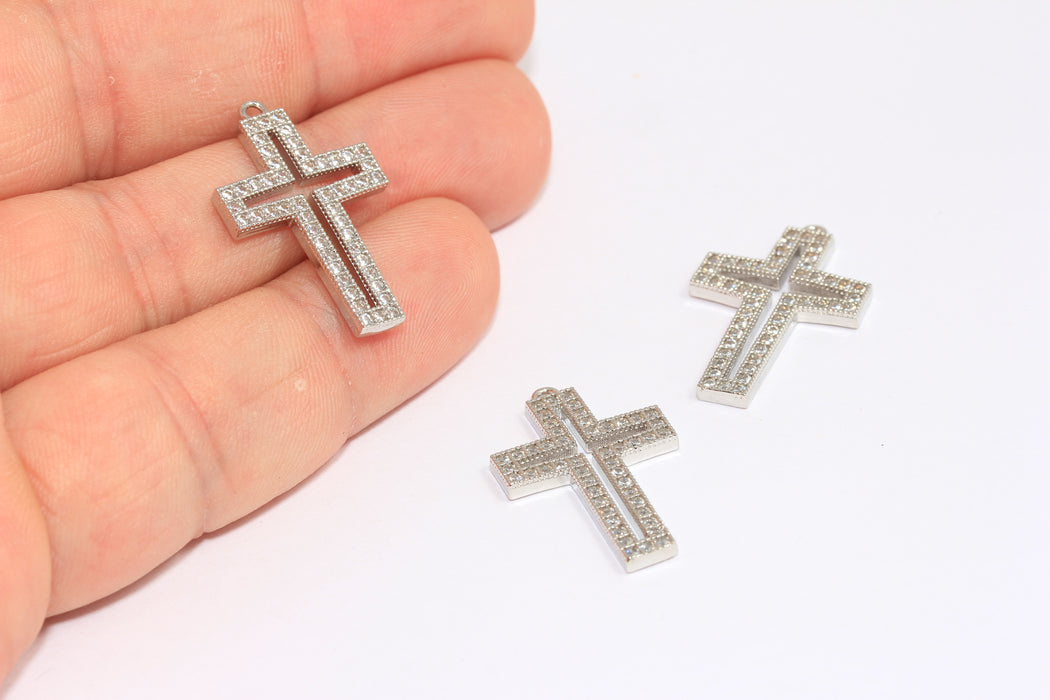 16x26 mm Rodyum Kaplamalı CZ Haç Kolye, Mikro Döşeme Beyaz Taşlı Haç Kolye, ROSE241