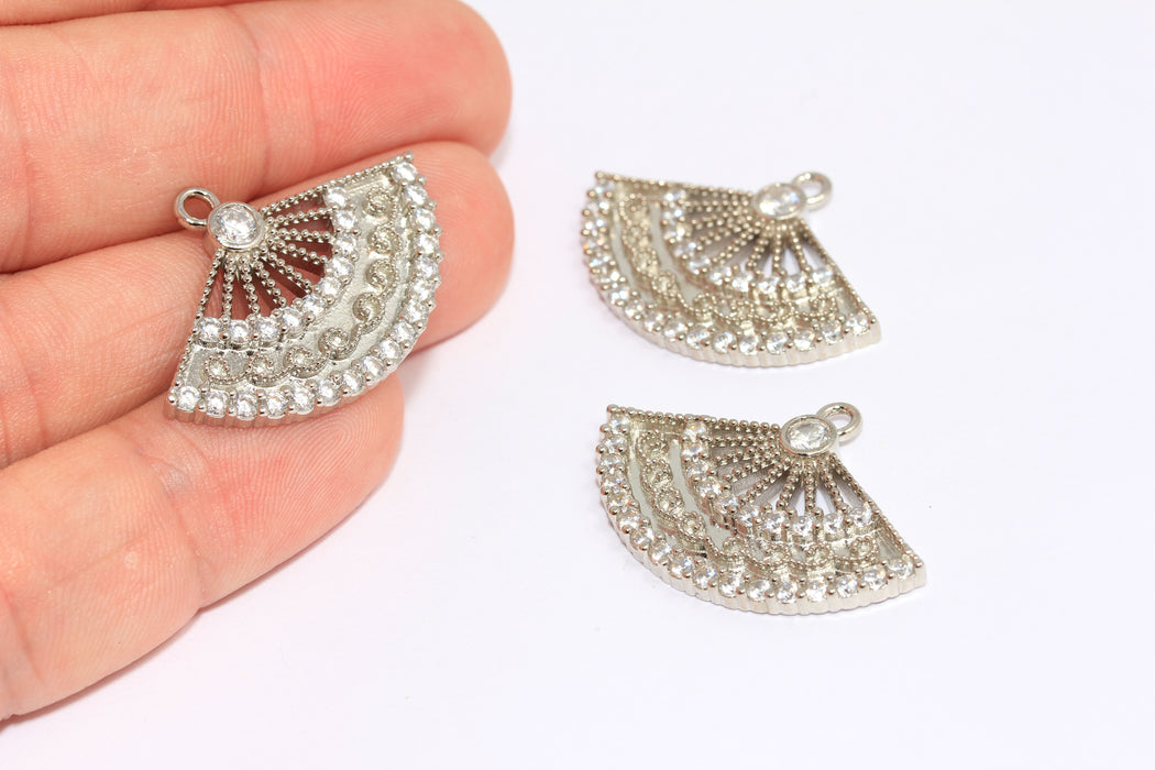 20x32mm Rhodium Plated CZ Sector Charms, Micro Pave White Stone Color Fan Pendant, ROSE247-1