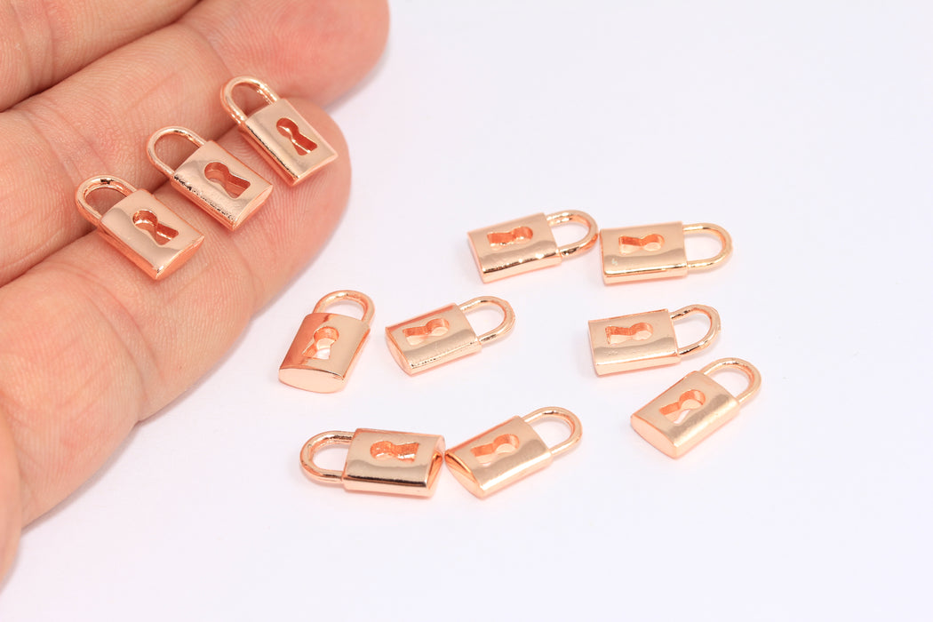 7x13 mm Gül Altın Kilit Takıları, Mini Kilit Takıları, Kilit Kolye, ROSE369
