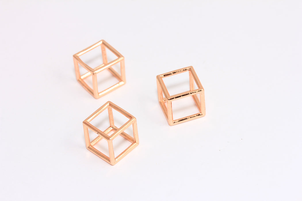 12 mm Gül Altın Kaplama Küp Takılar, Açık Küp Kolye Takıları, Geometrik Kolye Ucu, Tel Takılar, ROSE380