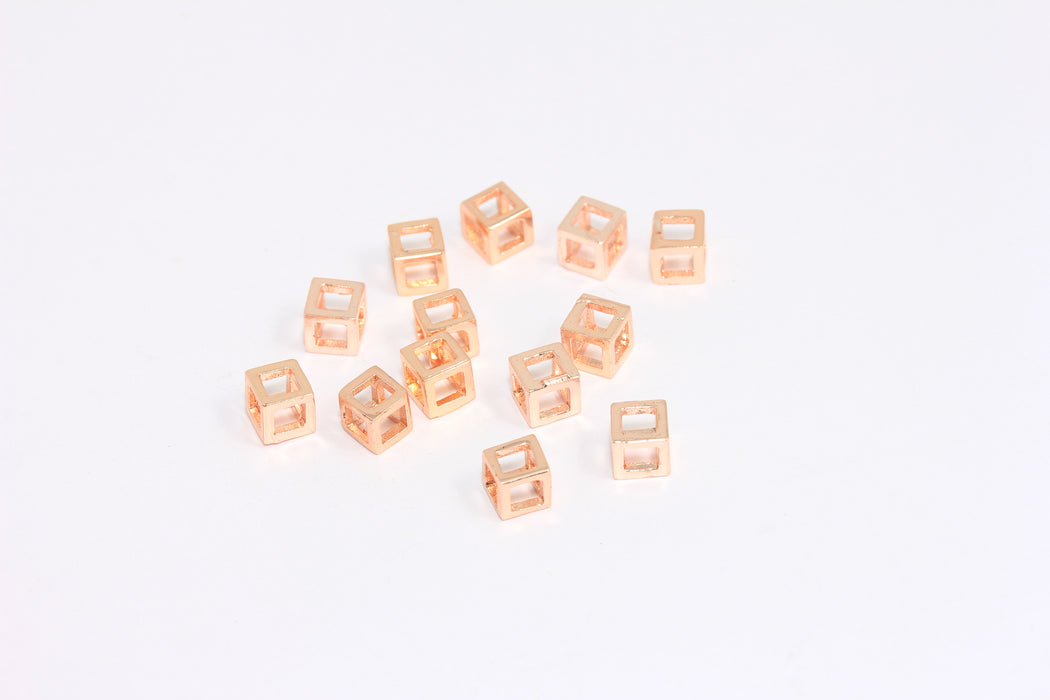 5 mm Gül Altın Kaplama Küp Charmlar, Mini Açık Küp Charmlar, Tel Charmlar, ROSE383