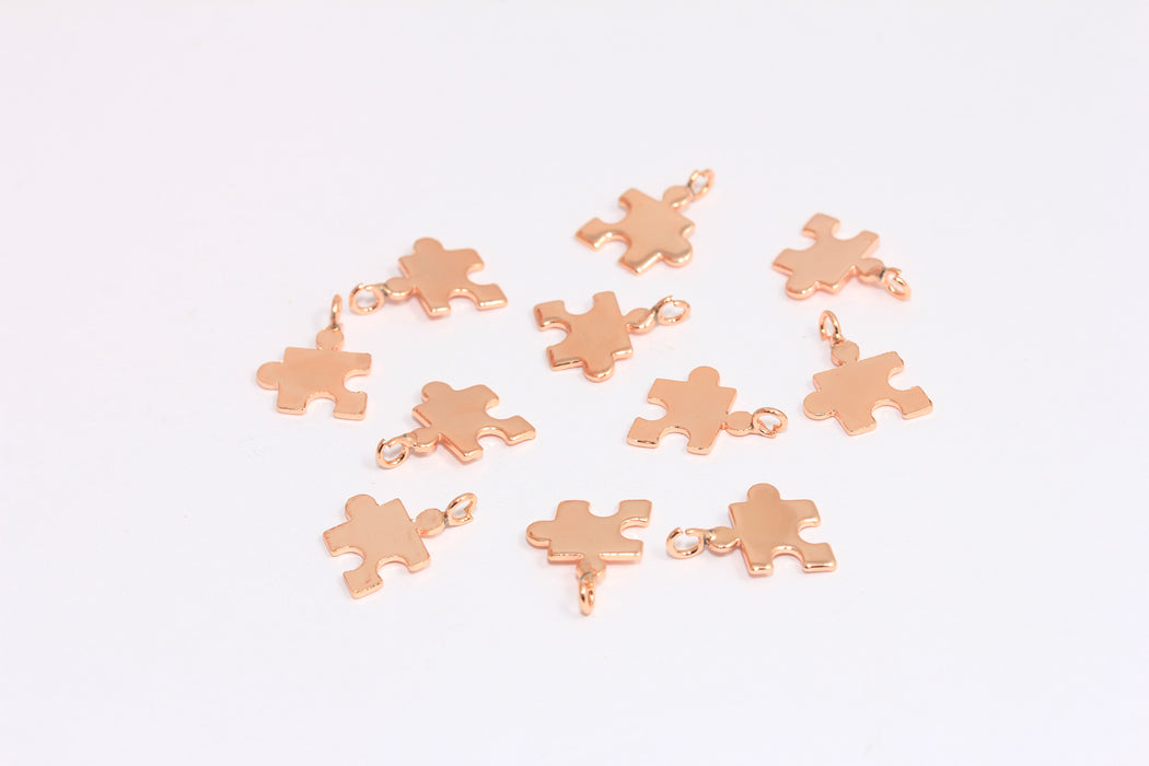 Ciondoli a forma di puzzle placcati in oro rosa da 9,5 mm, simbolo dell'autismo, perline a forma di puzzle per bracciale, ROSE363