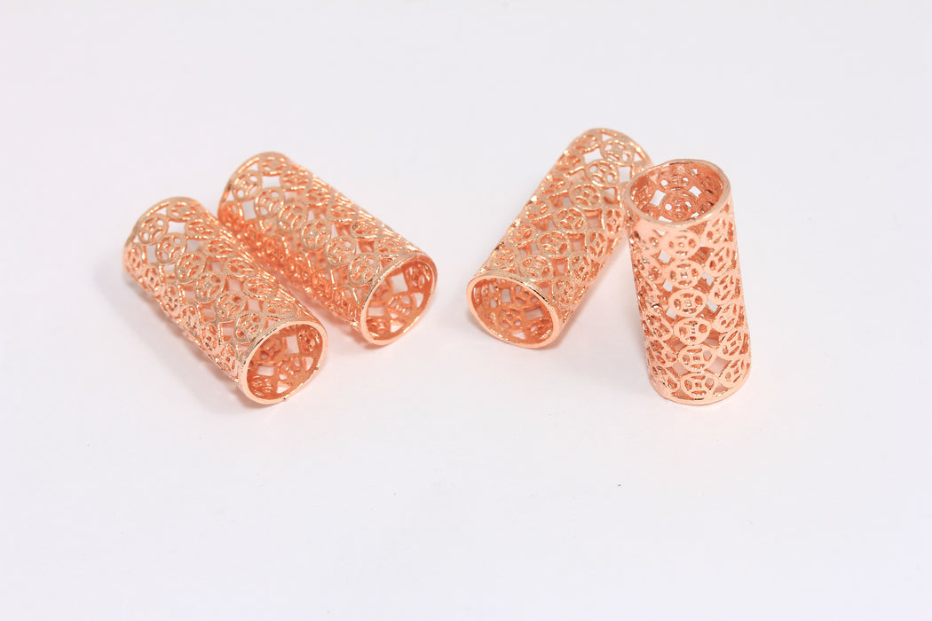10x25 mm Gül Altın Kaplama Tüpler, Boncuk Kapağı, Filigran Tüp Takılar, Uzun Tüp Boncuklar, Deri Kordon Tüpler, ROSE667