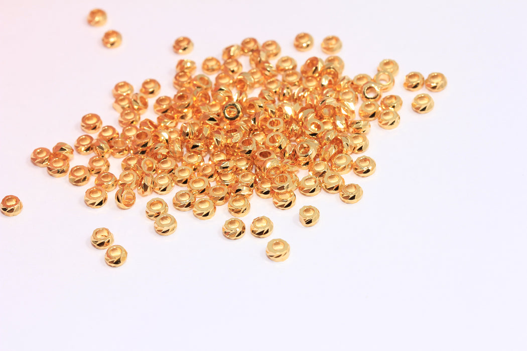 3,2mm 24k Shiny Gold Laser Cut Beads, Faceted Charms, Rondelle Bracelet Beads, Textured Spacer Beads, MTE473