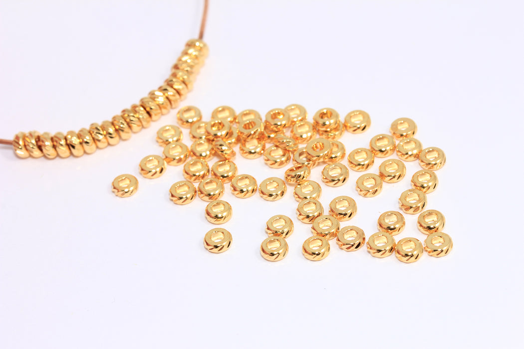 4,5mm 24k Shiny Gold Laser Cut Beads, Faceted Charms, Rondelle Beads, Textured Spacer Beads, MTE681