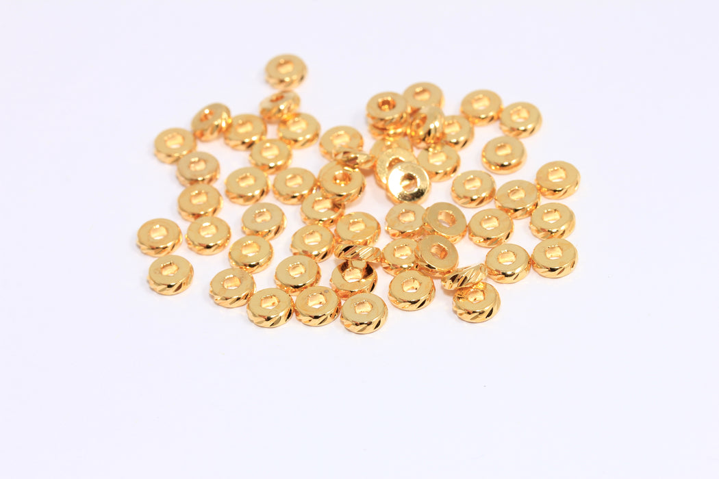 5,8mm 24k Shiny Gold Laser Cut Beads, Faceted Charms, Rondelle Beads, Textured Spacer Beads, MTE499