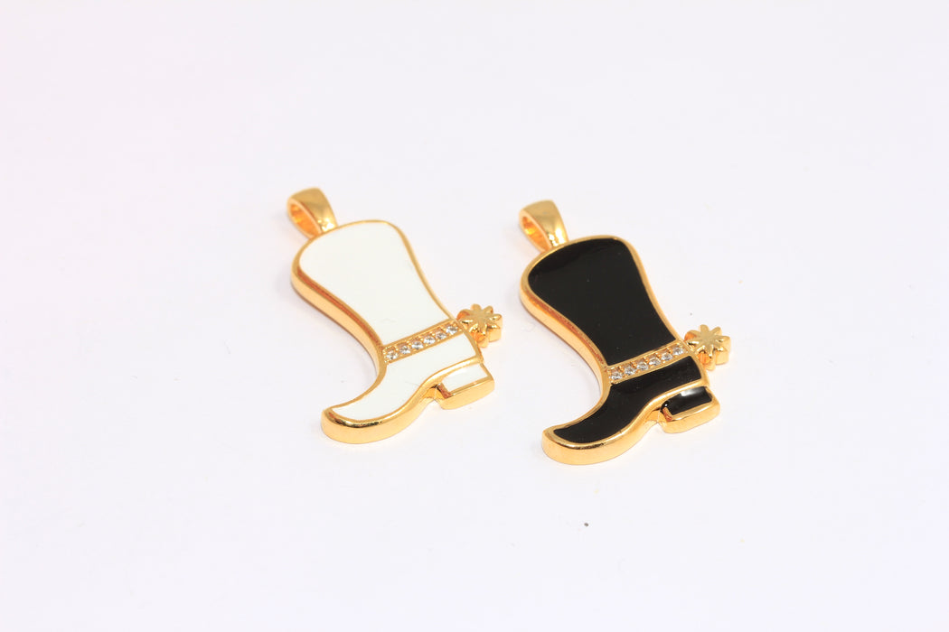 12x20mm 24k Shiny Gold CZ Boot Charms, Black Or White Enamel Cowboy Boots Pendant, Micro Pave Boot Charms, MTE693