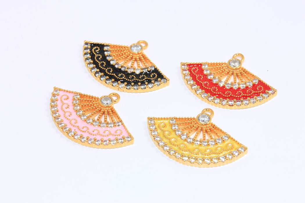 17,5x32mm 24k Shiny Gold CZ Sector Charms, Micro Pave Optional Stone Color Fan Pendant, MTE848