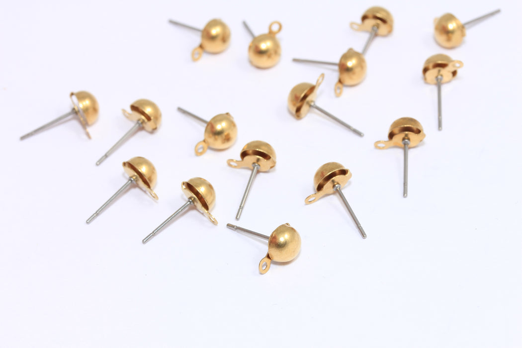 Ball Ear Posts, Half Ball Stud Earrings With Loop