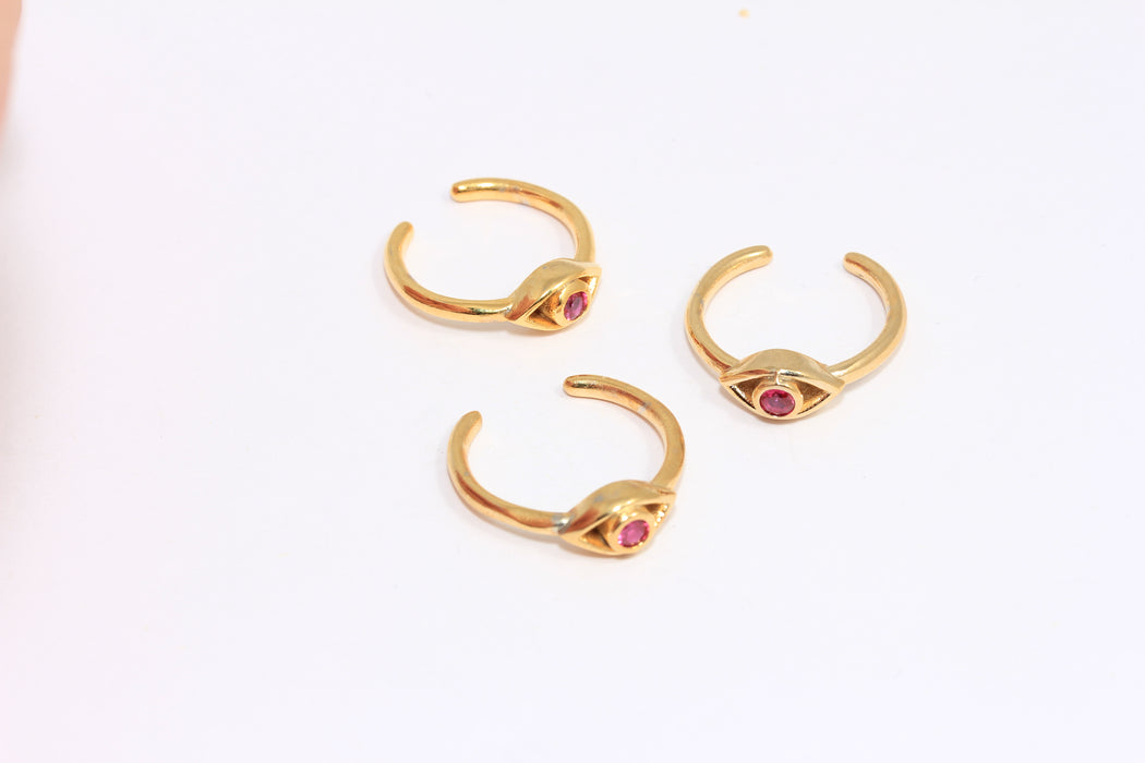 16-17mm 24k Shiny Gold Evil Eye Rings, Micro Pave Purple Stone Eye Ring, MLS71