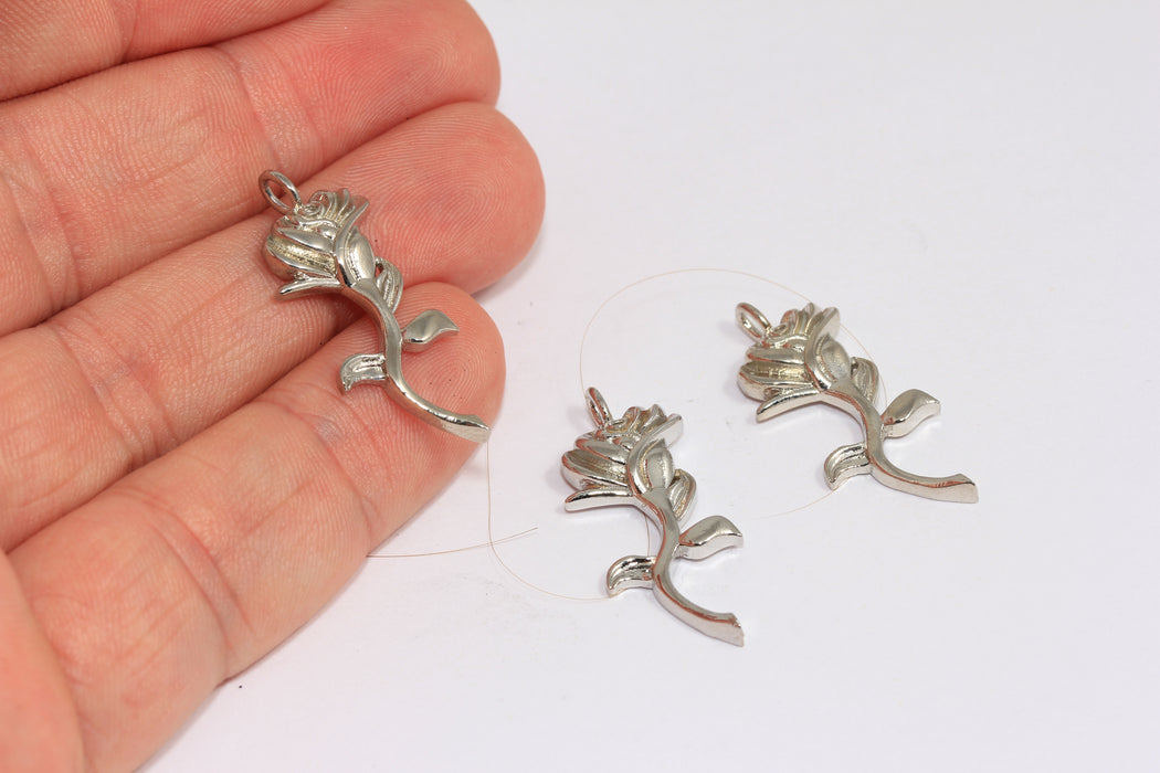 12x28 mm Gümüş Kaplama Lale Kolye, Gül Çiçek Tılsımı, Gül Kolye Ucu, Lale Kolye, MTE1379