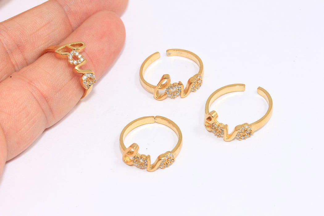 17mm 24k Shiny Gold Micro Pave Love Rings, CZ White Stone Heart Rings, Love Text Rings, MLS620