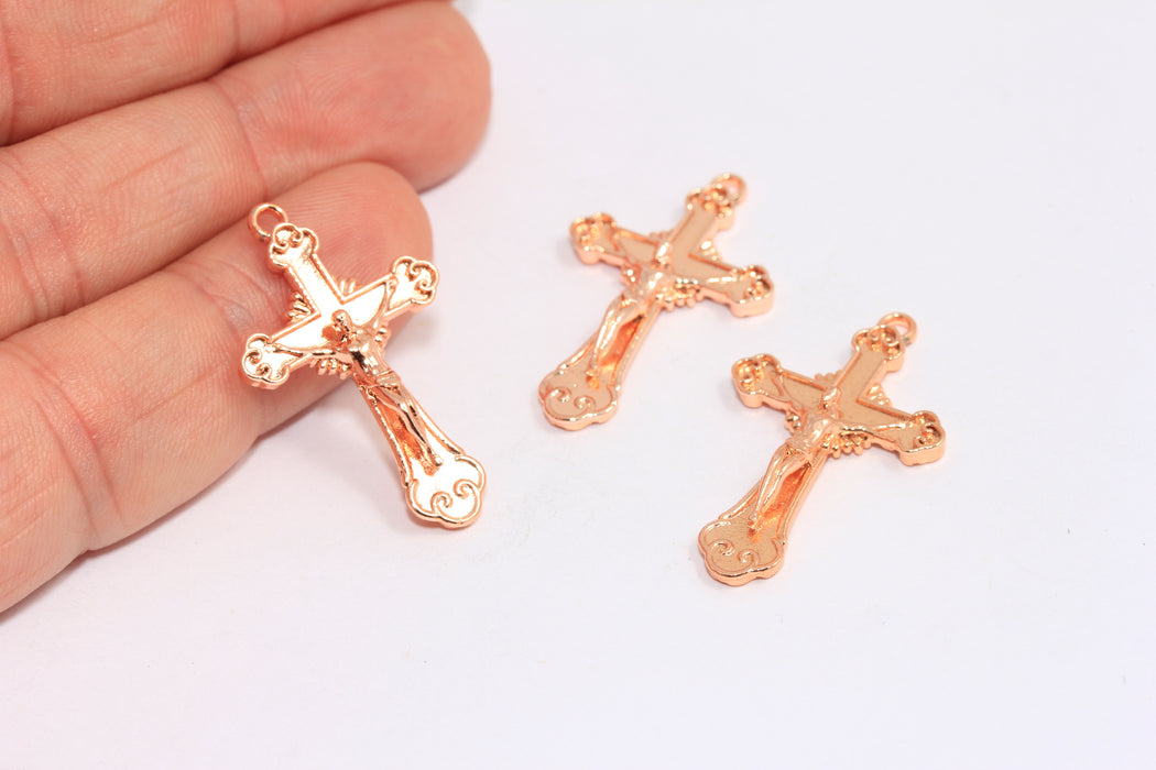19x31mm Gül Altın Kaplama Haç Kolye, İsa Mesih Takıları, Dini Katolik Kolye, MTE1200
