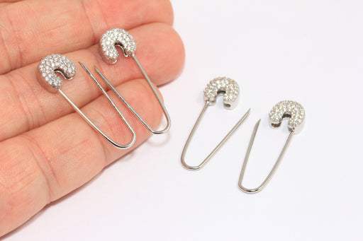CZ Micro Pave Pin Earrings, CZ White Stone Safety Pin Earrings