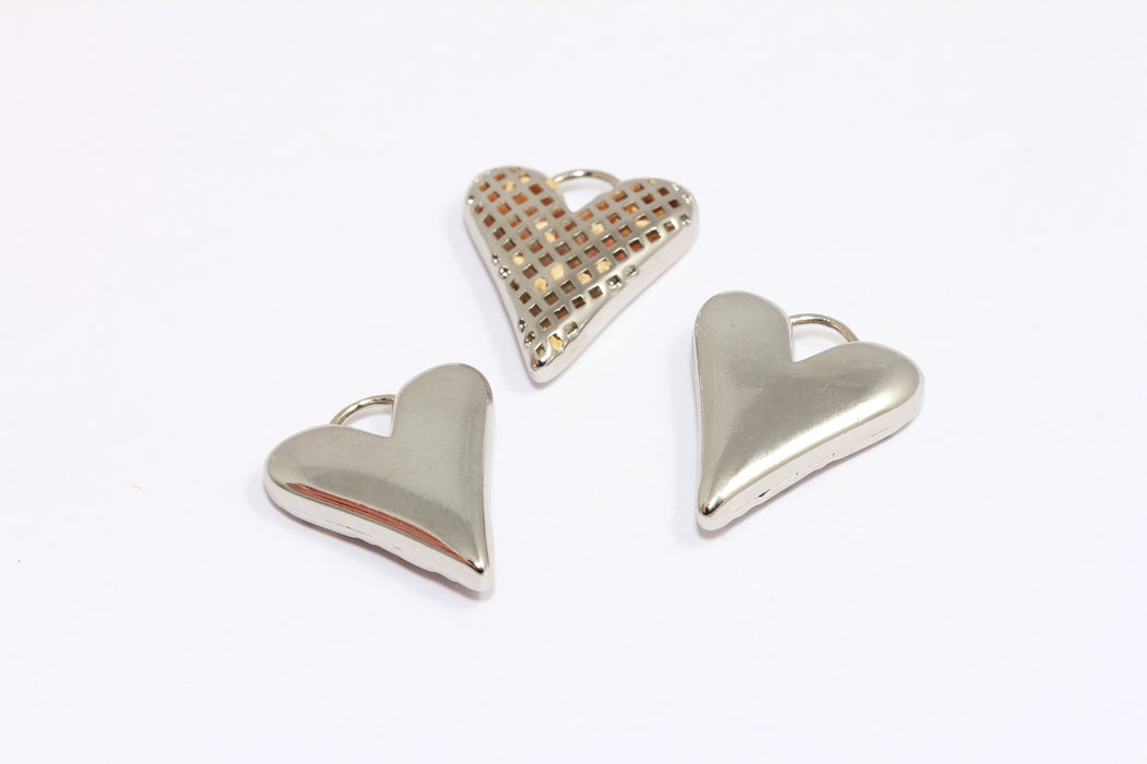 20x23 mm Rodyum Kaplama Kalp Charms, Kabarık Kalp Kolye, İçi Boş Kalp Charms, MTE1135-2