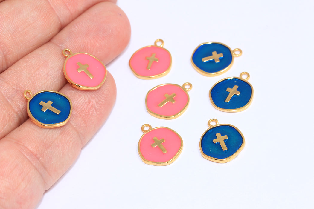 13,5mm 24k Shiny Gold Enamel Cross Charm, Optional Color Enamel Cross Necklace, Cross Coin Beads,