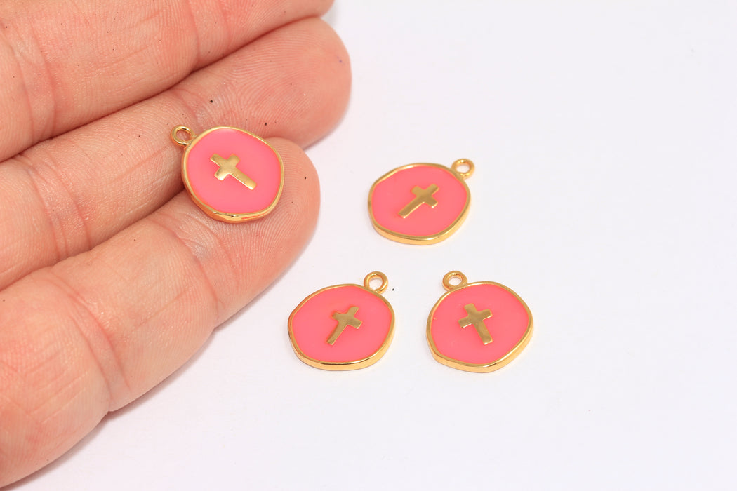 13,5mm 24k Shiny Gold Enamel Cross Charm, Pink Color Enamel Cross Necklace, Cross Coin Beads, MLS524-1