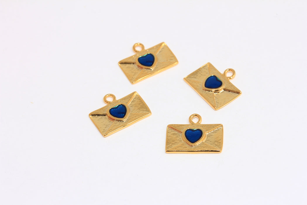10x17mm 24 Shiny Gold Envelope Letter Charms, Envelope Pendant, Envelope With Blue Heart, MLS525