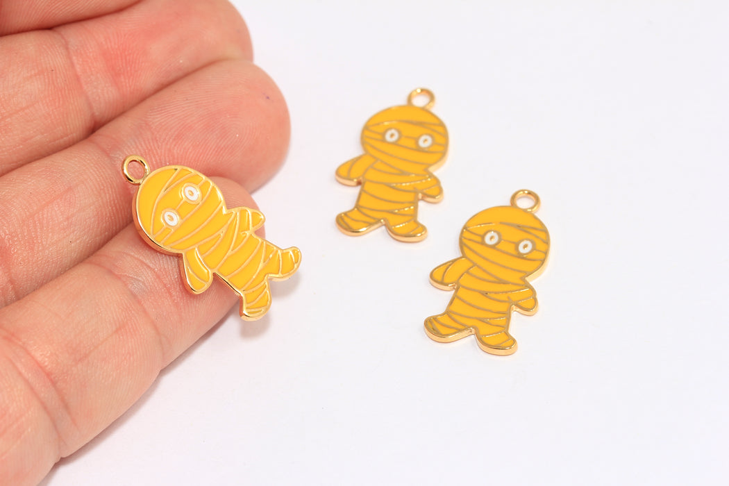 14x21mm 24k Shiny Gold Halloween Pendant, Spooky Pendant, Yellow Enamel Mummy Charm, MLS291