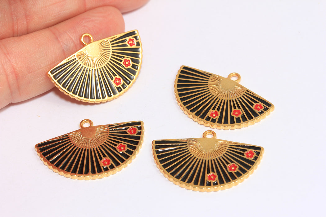 17,5x32mm 24k Shiny Gold Sector Charms, Black Enamel Color Fan Pendant With 1 Loop, MTE1349