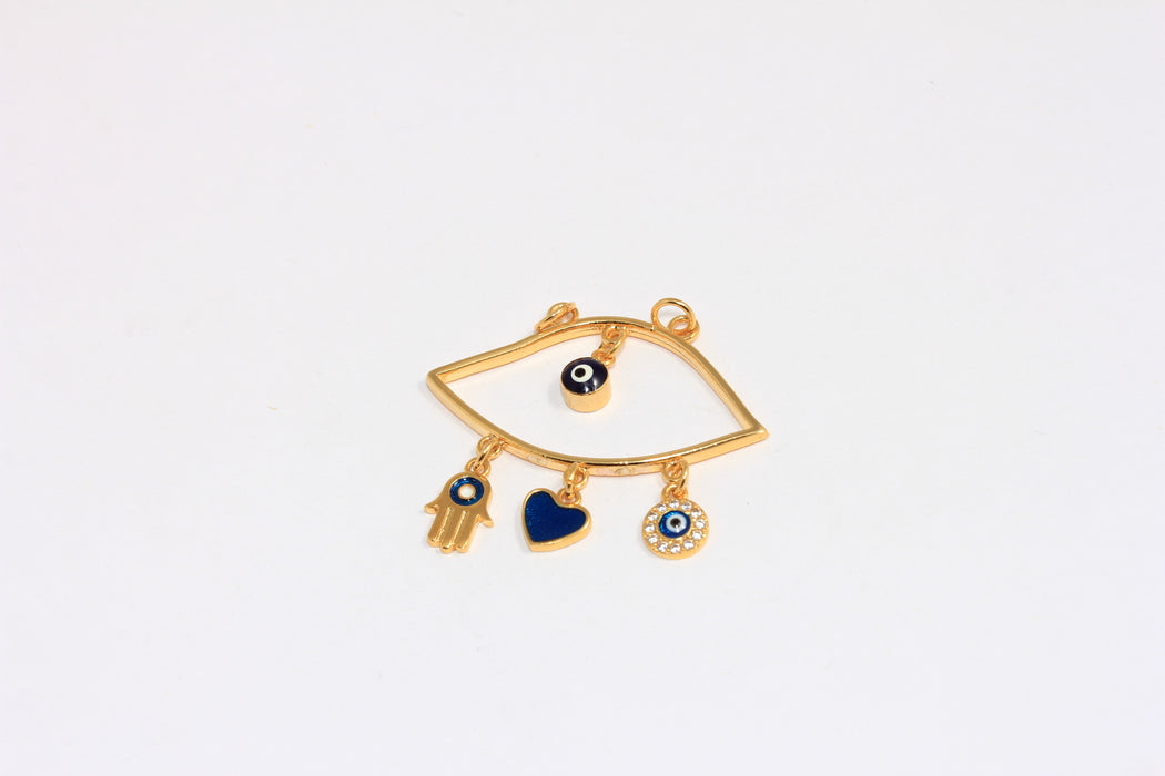 19x37mm 24k Shiny Gold Evil Eye Pendant, CZ Evil Eye Chandelier Necklace, Enamel Hamsa And Evil Eye Beads, ROSE580