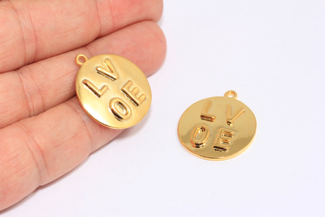 23mm 24k Shiny Gold Medallion Charms, Love Necklace, Love Text Medallion, MTE526