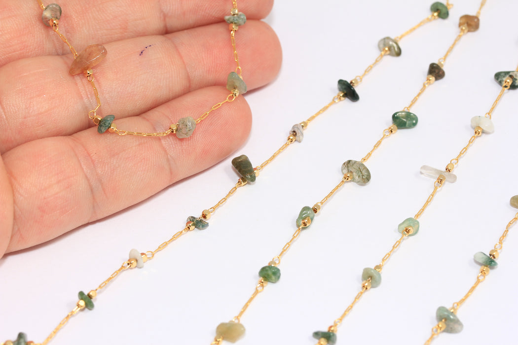 4mm 24k Shiny Gold Beaded Chain, Rosary Style Stone Chains, Chain With Green Stone Beads, BXB259-5