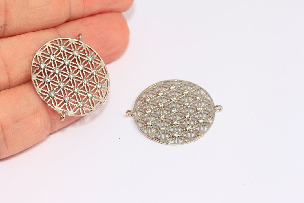 25 mm Rodyum Kaplama Beyaz Taşlı Charm, CZ Yaşam Çiçeği, CZ Bilezik Bağlantı Parçası, MLS970