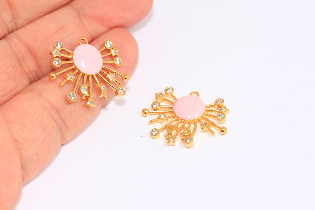 22x25 mm 24 Ayar Parlak Altın Galaksi Takıları, Pembe Emaye Güneş Madalyonu, Mikro Döşeme Güneş ve Yıldız Takıları, MLS1099