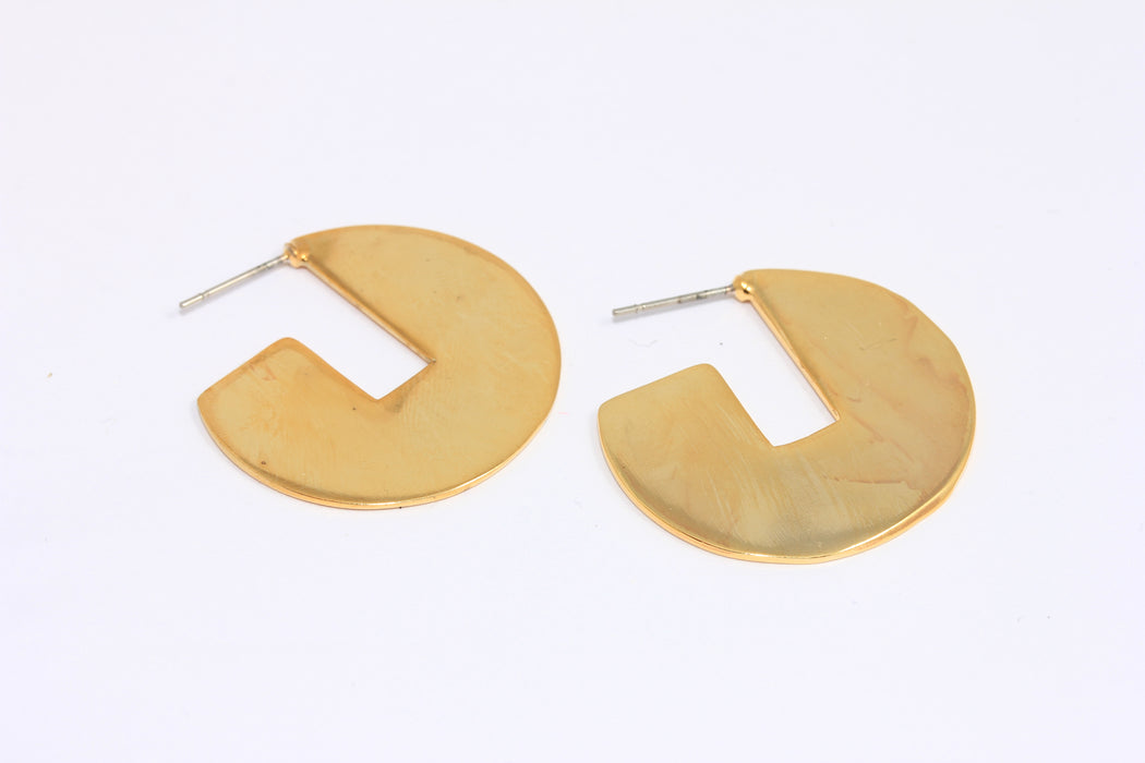 31mm 24k Shiny Gold Disc Earrings, Crescent Moon Hoop Earrings, Pacman Stud Earrings, MLS845