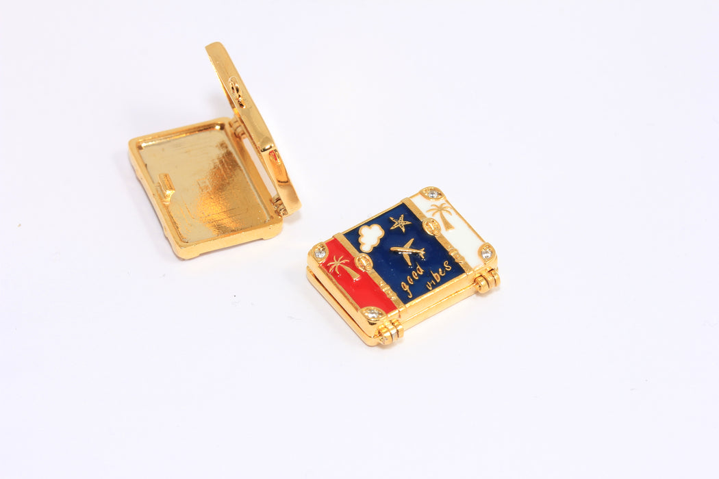 24k Shiny Gold CZ Travel Bag Charms, Enamel Travel Bag Beads, CZ Suitcase Charms, USA Flag Necklace Pendant, MLS799-1