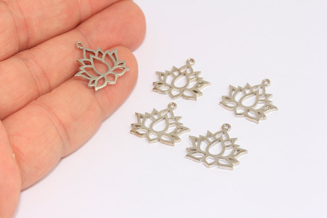 14x18mm Rhodium Plated Lotus Charms, Flower of Life Pendant, Lotus Connector Beads, MLS881
