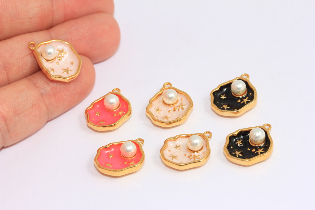 Ciondolo a forma di conchiglia in oro lucido 24k da 15x17 mm, perla in conchiglia, ciondoli a forma di animale marino in smalto colorato opzionali, MLS910