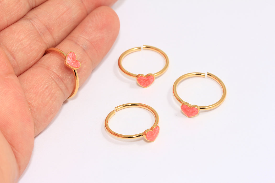 18-19mm 24k Shiny Gold Heart Ring, Pearl Pink Enamel Heart Ring, Stacking Heart Rings, MLS920-2