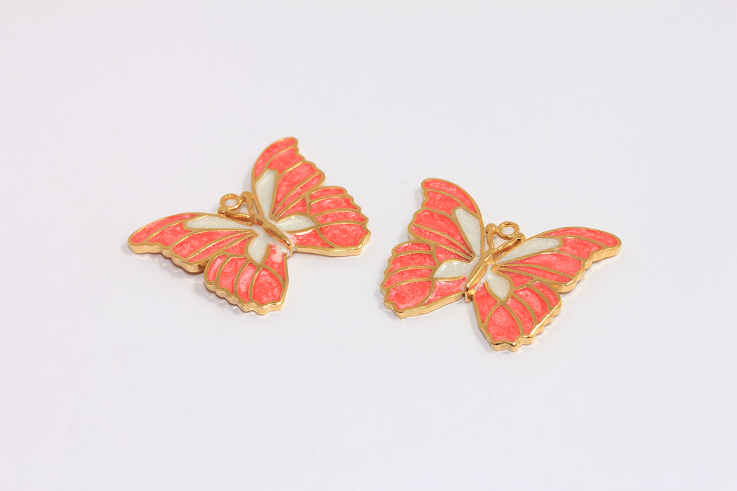 25x31mm 24k Shiny Gold Butterfly Charms, Pink Enamel Butterfly, Butterfly Pendant, MLS1046