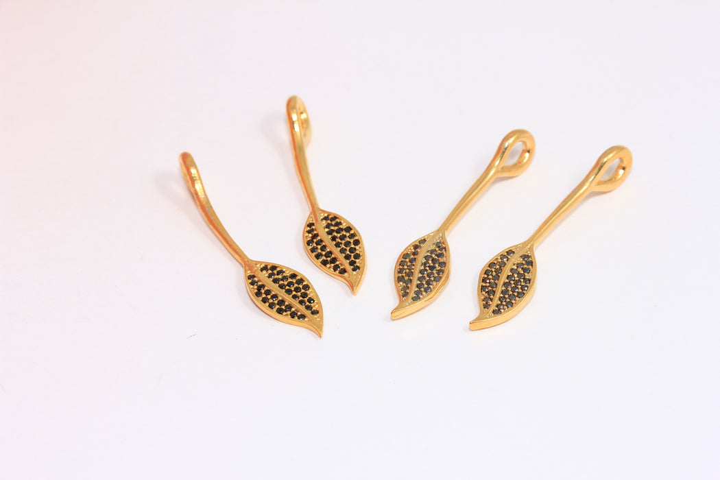 4x34mm 24k Shiny Gold Leaf Pendant, CZ Black Olive Branch, ZRCN549