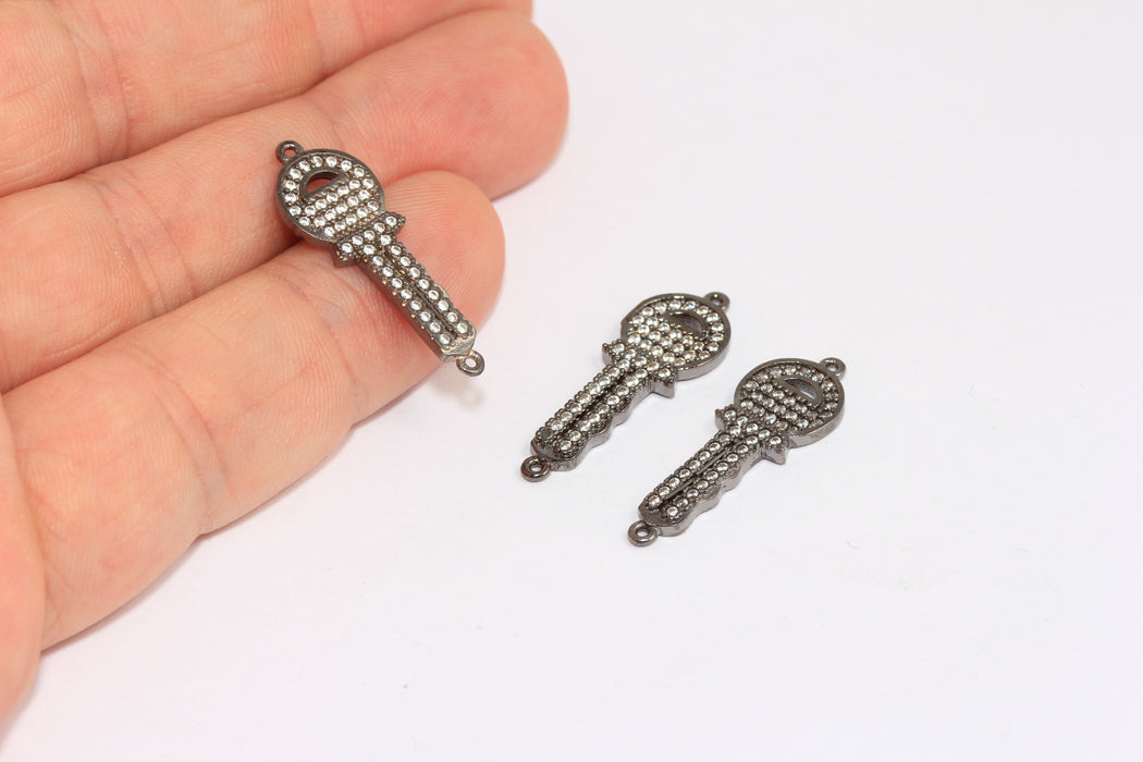 10x25mm Gunmetal Plated Key Charm, Micro Pave Key Pendant, White Stone Key Charm, ZRCN437
