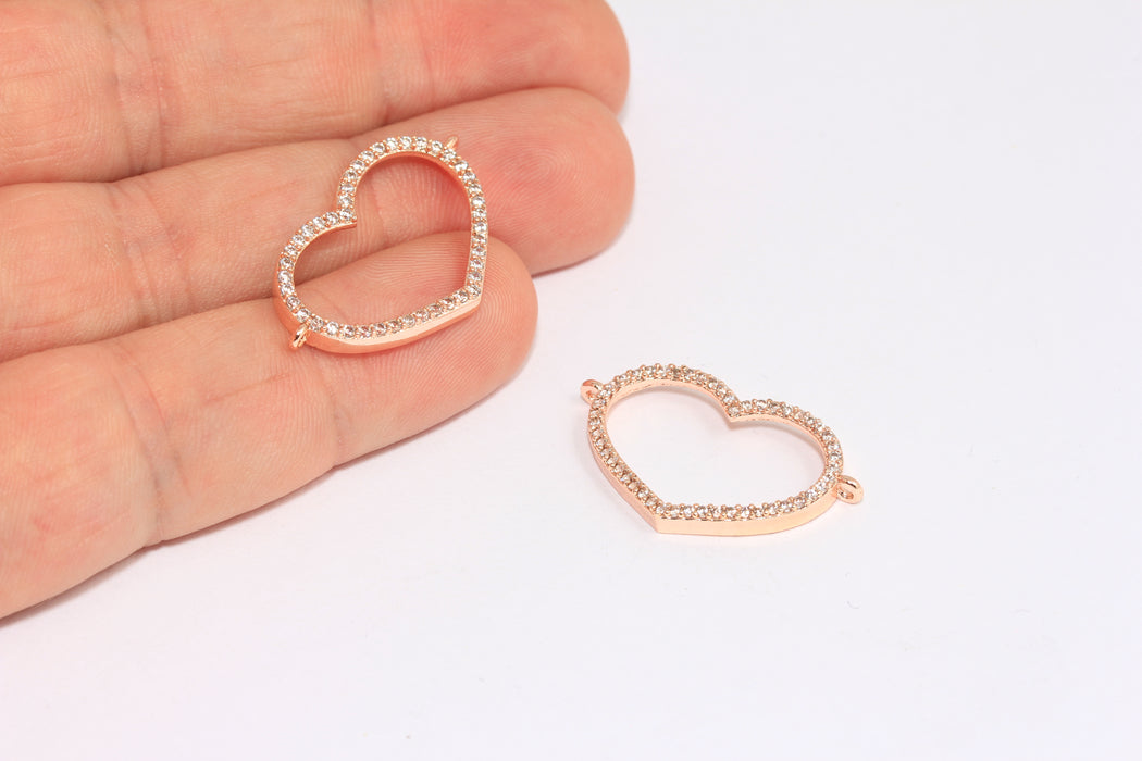 17x29mm Rose Gold CZ Heart Beads, Micro Pave Connector Heart Charms, ZRCN386
