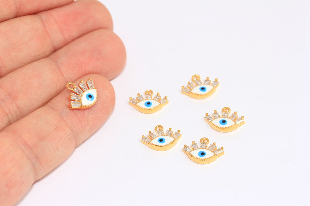 7x12mm 24 ayar Parlak Altın Kübik Zirkonya Nazar Boncuğu, Mikro Döşeme Nazar Boncuğu, Beyaz Emaye Nazar Boncuğu, Beyaz Baget Taş Boncuklar, MLS1102