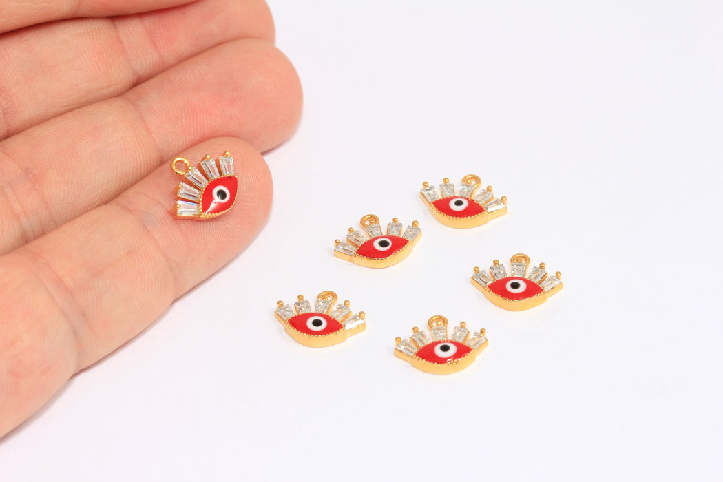 7x12mm 24k Shiny Gold CZ Evil Eye, Micro Pave Evil Eye Charm, Red Enamel Charm, White Baguette Stone Beads, MLS1104