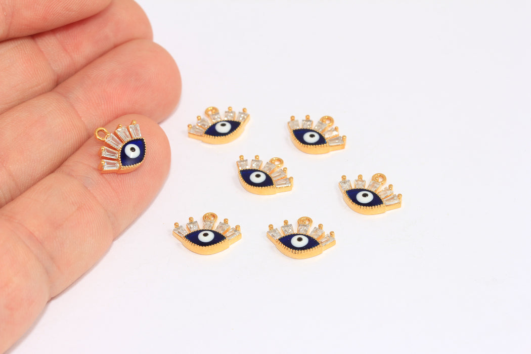 7x12mm 24k Shiny Gold CZ Evil Eye, Micro Pave Evil Eye Charm, Blue Enamel Charm, White Baguette Stone Beads, MLS1100