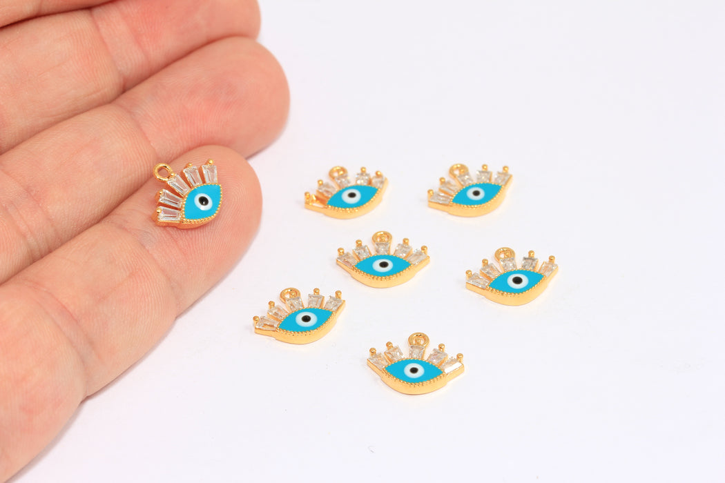 7x12mm 24k Shiny Gold CZ Evil Eye, Micro Pave Evil Eye Charm, Turquoise Enamel Charm, White Baguette Stone Beads, MLS1103